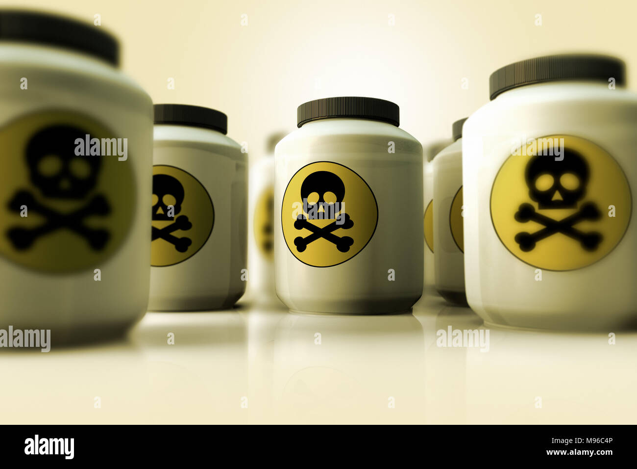Representación 3D de un grupo de botellas de veneno Foto de stock