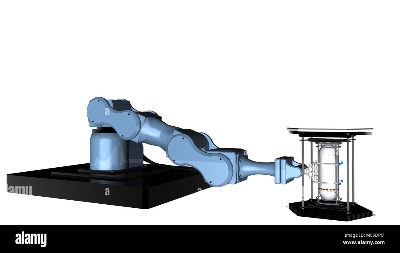 Modelo 3D del robot azul brazo mecánico con una abrazadera de la  herramienta en el extremo del brazo tiene un tanque contenedor de metal  blanco reflectante para transportarlo Fotografía de stock -