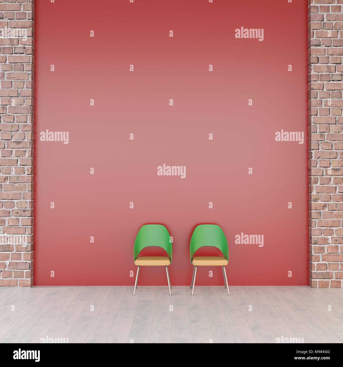 Dos sillas delante de la pared roja, 3D rendering Foto de stock