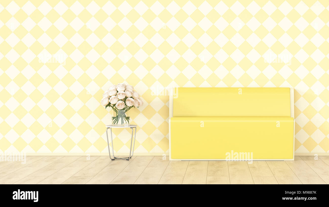 Banqueta amarilla y ramo de flores en la parte delantera del papel tapiz ajedrezado, 3D rendering Foto de stock