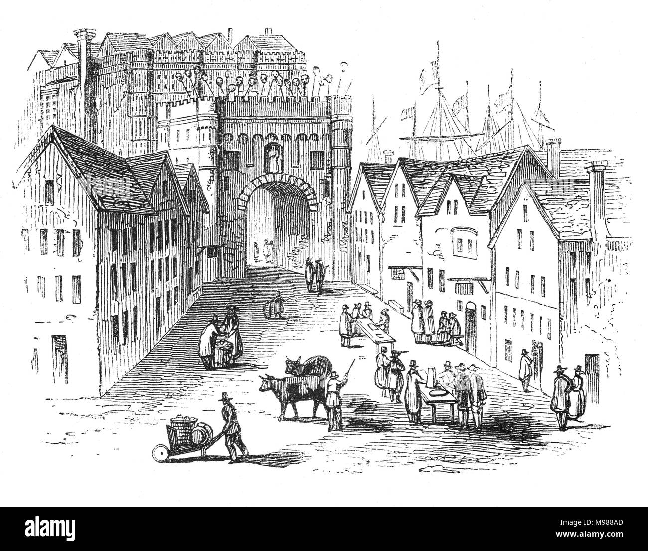 La entrada almenada a la "vieja" el Puente de Londres (1209-1831) sobre el Río Támesis en el lado de Southwark. El rey Enrique II encargó un nuevo puente de piedra en el lugar de la antigua, con una capilla en su centro dedicado a Becket como mártir. Su construcción comenzó en 1176 y se terminó en 1209 durante el reinado del Rey Juan; le tomó 33 años para completar. Ciudad de Londres, Inglaterra Foto de stock