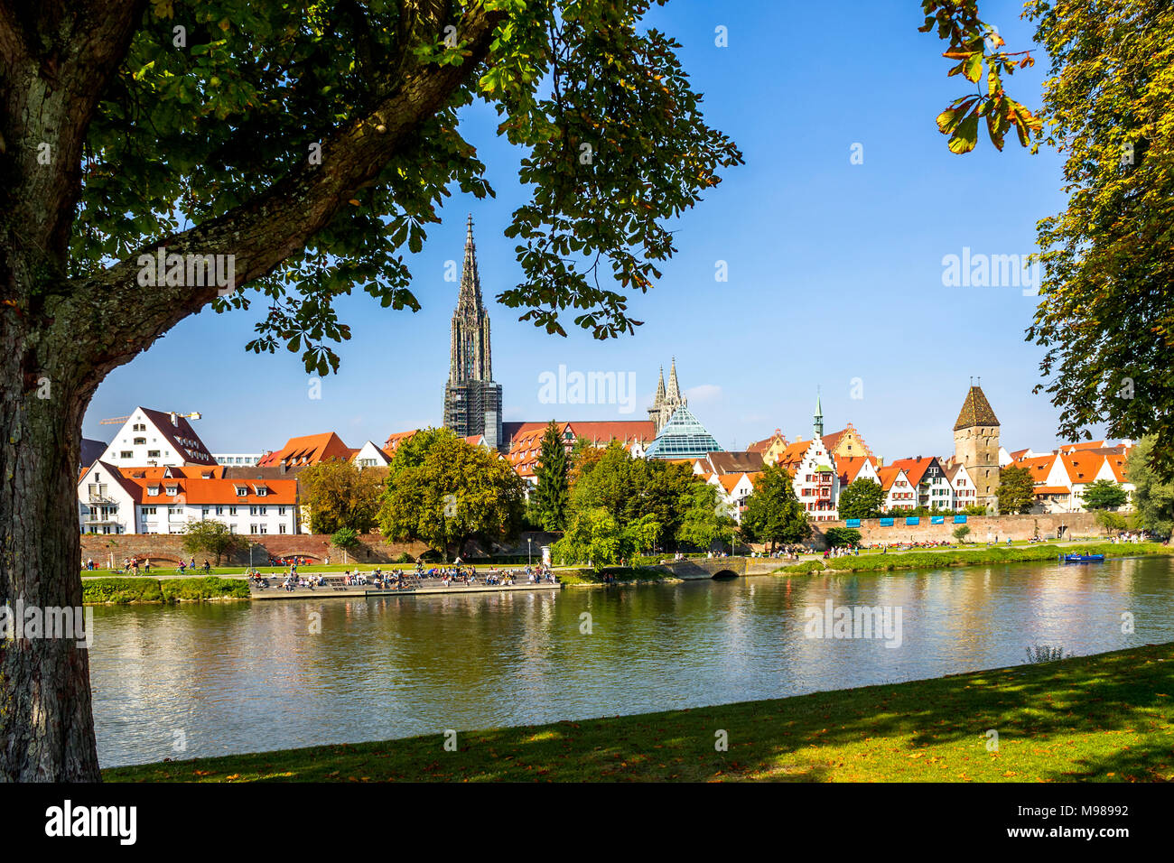 Alemania, Baden-Wuerttemberg, Ulm, Ulm Minster y el río Danubio Foto de stock