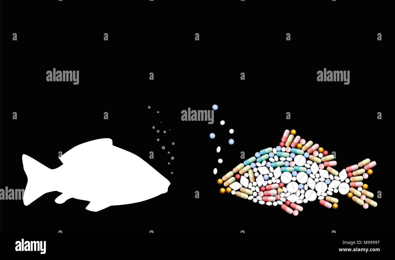 Los peces, los antibióticos, los contaminantes. Las píldoras que forma un pez. Símbolo de la contaminación de animales, alimentos y temas de salud, medicina, farmacia, antibióticos Foto de stock