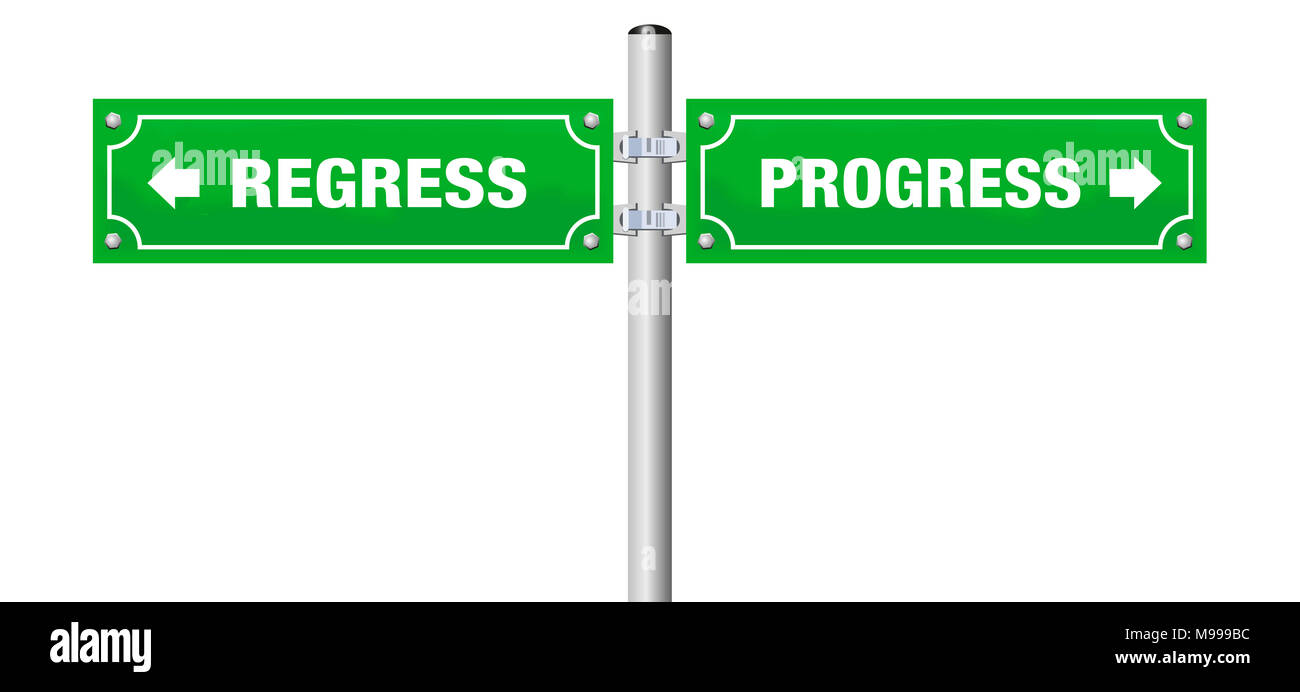 Retroceso y progreso, escrito en dos señales - Ilustración sobre fondo blanco. Foto de stock