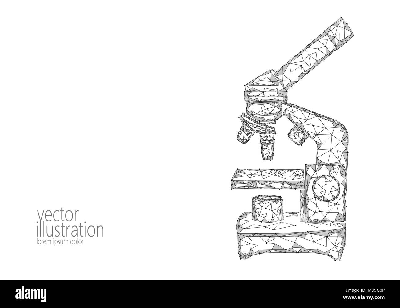 Microscopio science medicine equipos comerciales. Baja poli triángulo poligonal monocromo blanco punto conectado la línea de investigación de análisis de laboratorio de microbiología laboratorio ilustración vectorial Ilustración del Vector