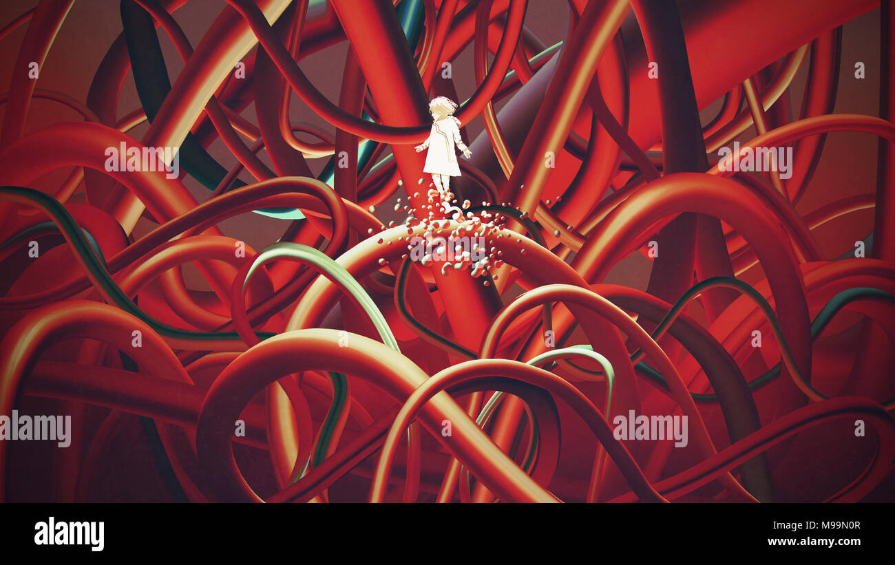 Chica en blanco flotando entre muchos cables rojo, estilo de arte digital, ilustración pintura Foto de stock