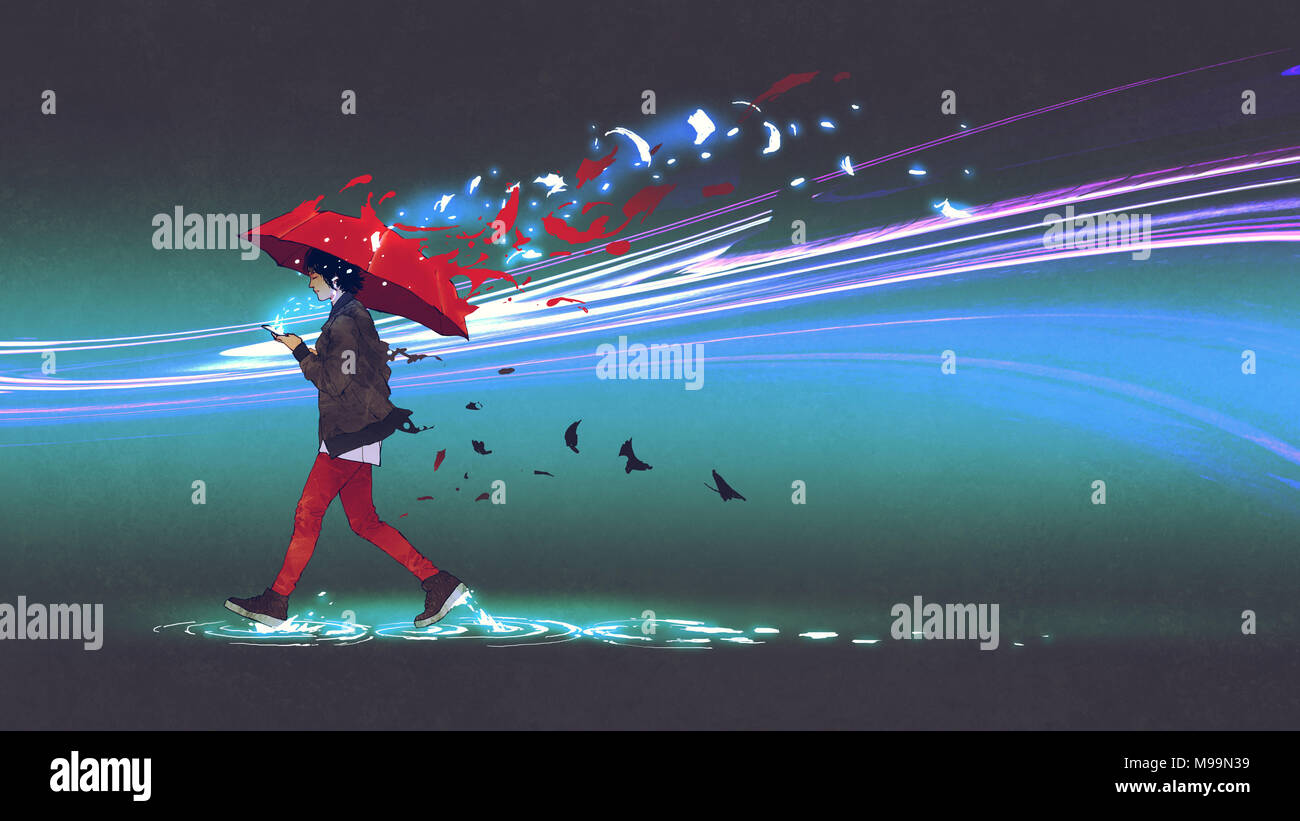 Mujer con una sombrilla roja caminando sobre fondo oscuro con partículas de dispersión, arte digital, Ilustración estilo de pintura Foto de stock