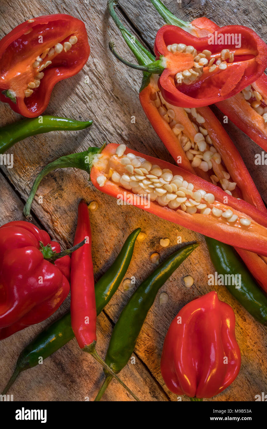 Caliente y picante Chiles Jalapeño - y el chile habanero. Foto de stock