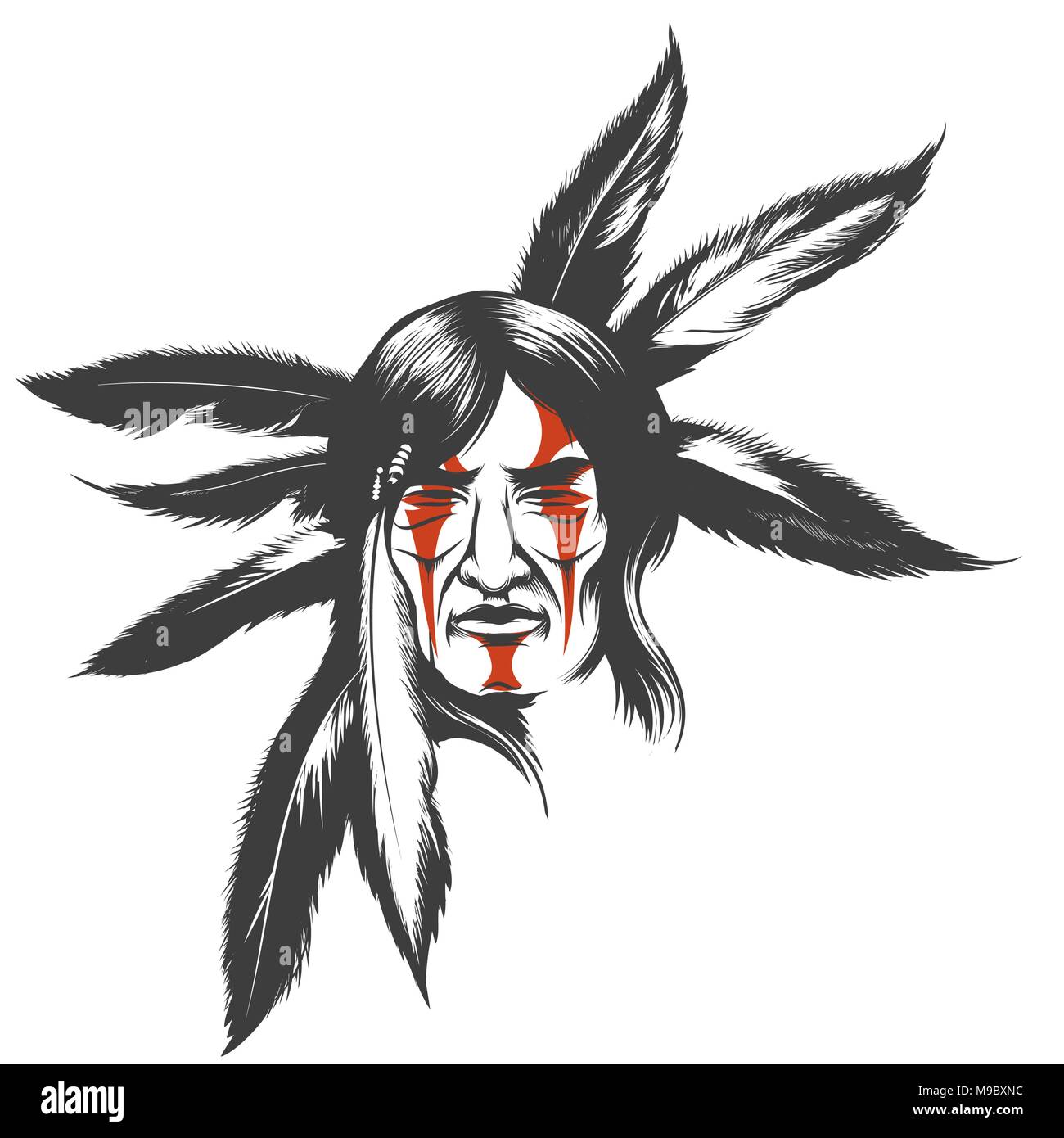 Ilustración dibujada a mano de guerrero indio nativo americano. Las tribus americanas nativas con la cara pintada y de plumas. Ilustración vectorial. Ilustración del Vector