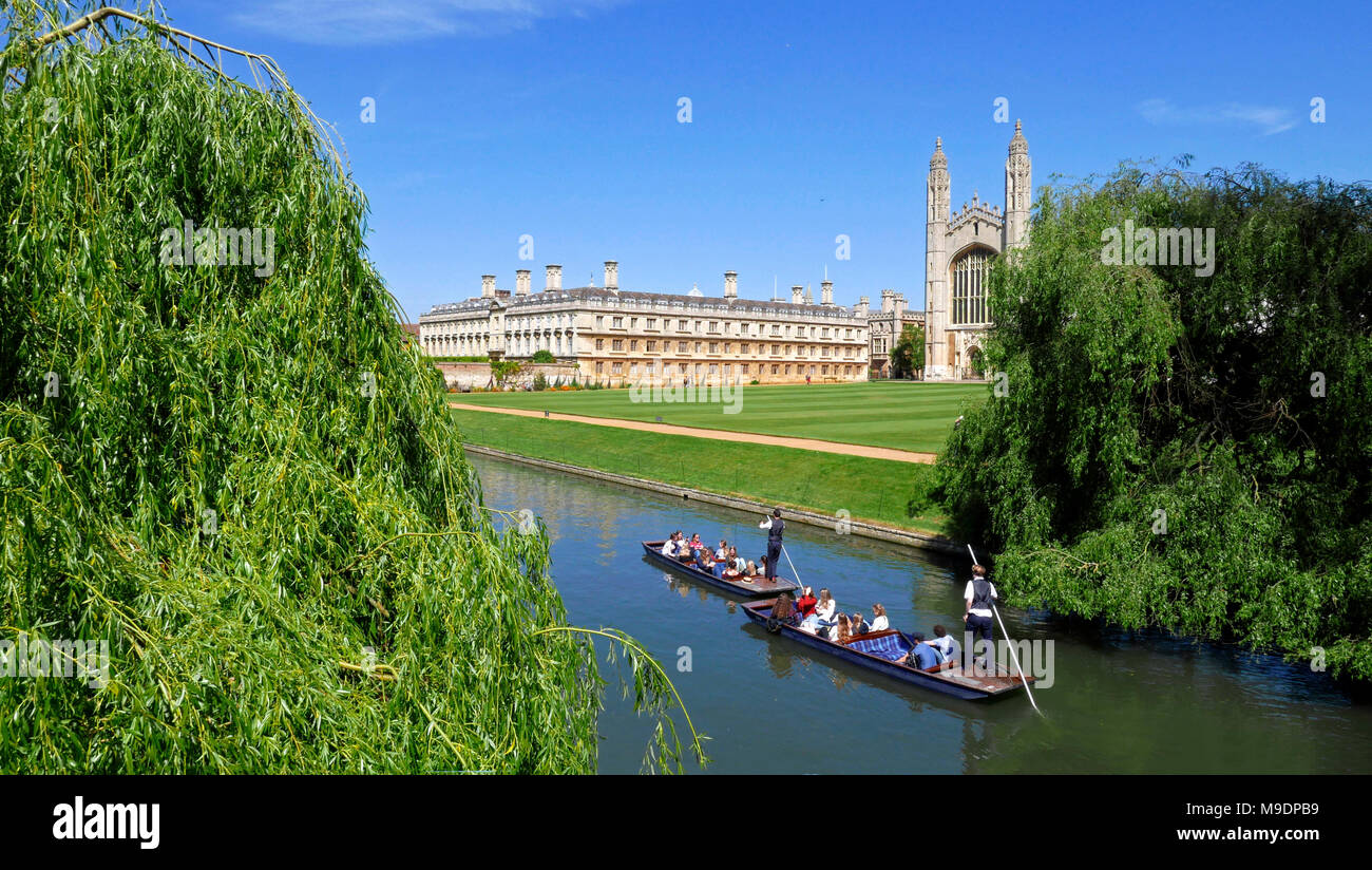 Los estudiantes navegar el río Cam pasando Kings College Chapel & Clare College Cambridge Foto de stock