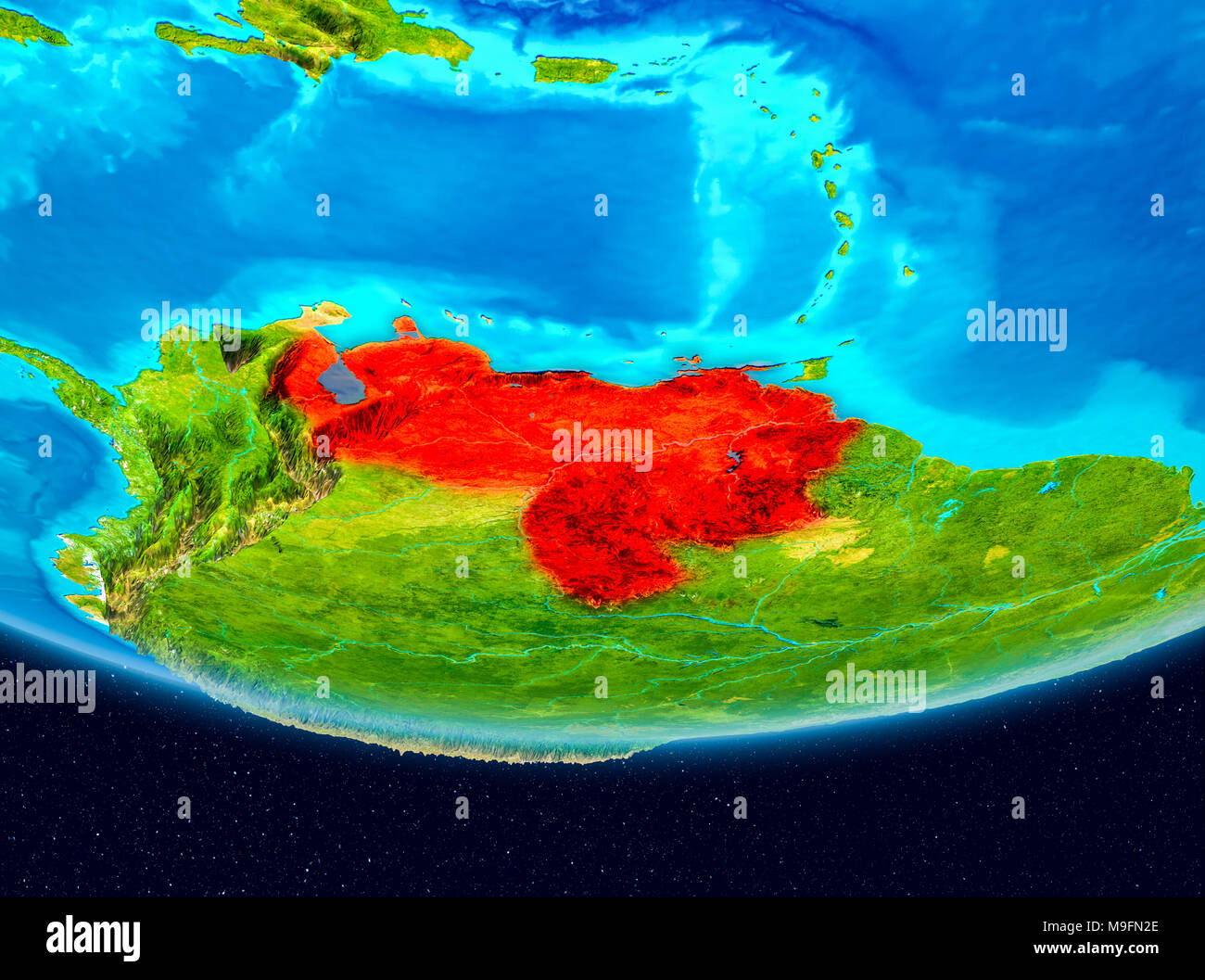 Venezuela desde la órbita del planeta Tierra. Ilustración 3D. Los elementos de esta imagen proporcionada por la NASA. Foto de stock