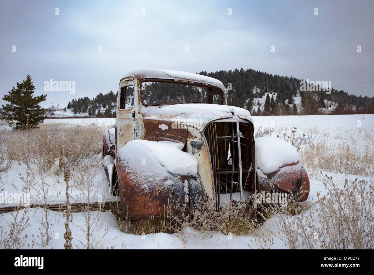Una camioneta Chevrolet 1937 varilla de rata en un paisaje cubierto de nieve cerca de Silver Lake Montana. Foto de stock