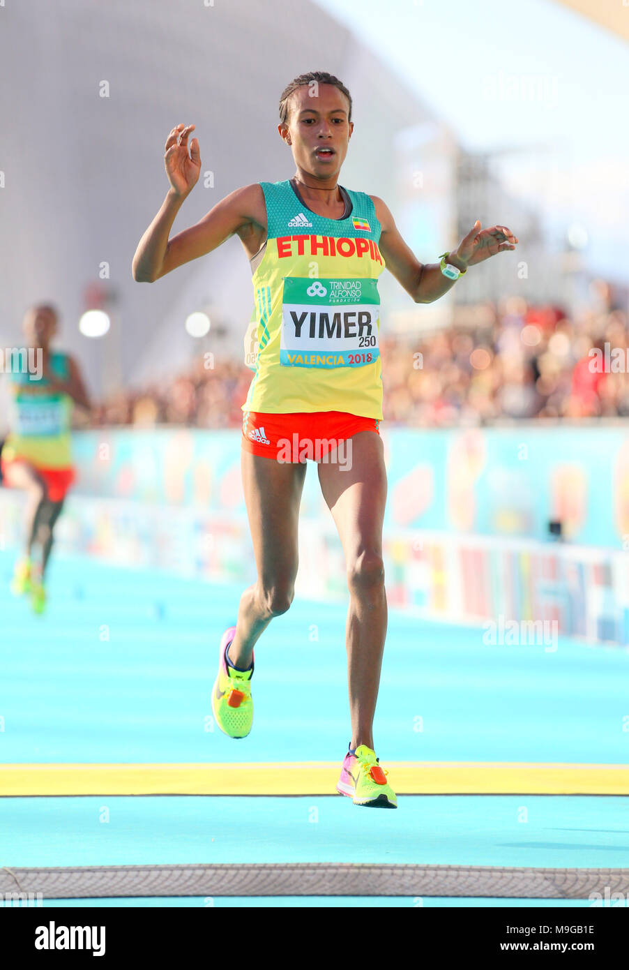 Valencia, Span. 24 Mar, 2018. Zeineba Yimer (ETH) coloca quinto en la  carrera de la mujer en 1:08:07 en el IAAF/Trinidad Alfonso mundo campeonato  de media maratón Valencia 2018 en Valencia, España,
