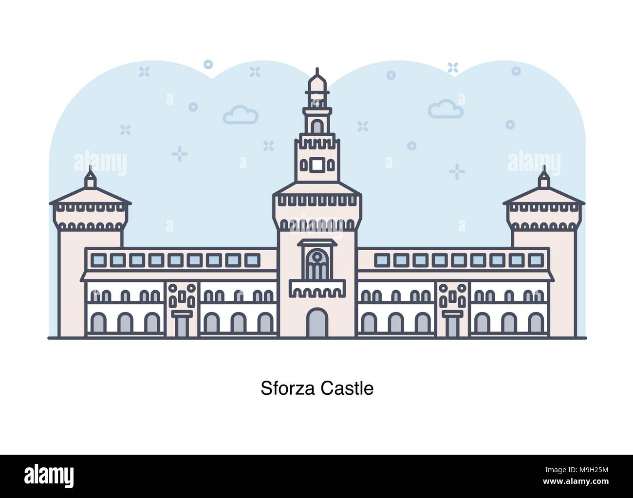 Línea Vector ilustración del castillo Sforza, en Milán, Italia. Ilustración del Vector