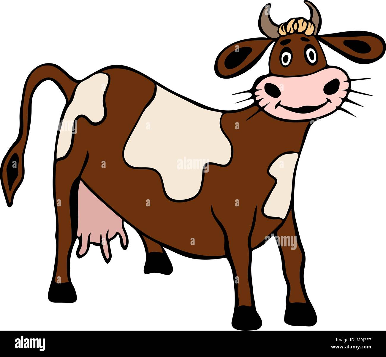 Brown cow con manchas aisladas sobre fondo blanco, gracioso personaje