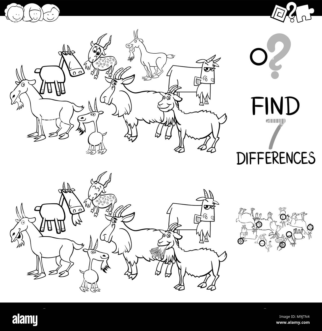 Ilustración caricatura en blanco y negro de encontrar siete diferencias entre imágenes actividad educativa juego para niños con animales de granja de cabras Chara Ilustración del Vector