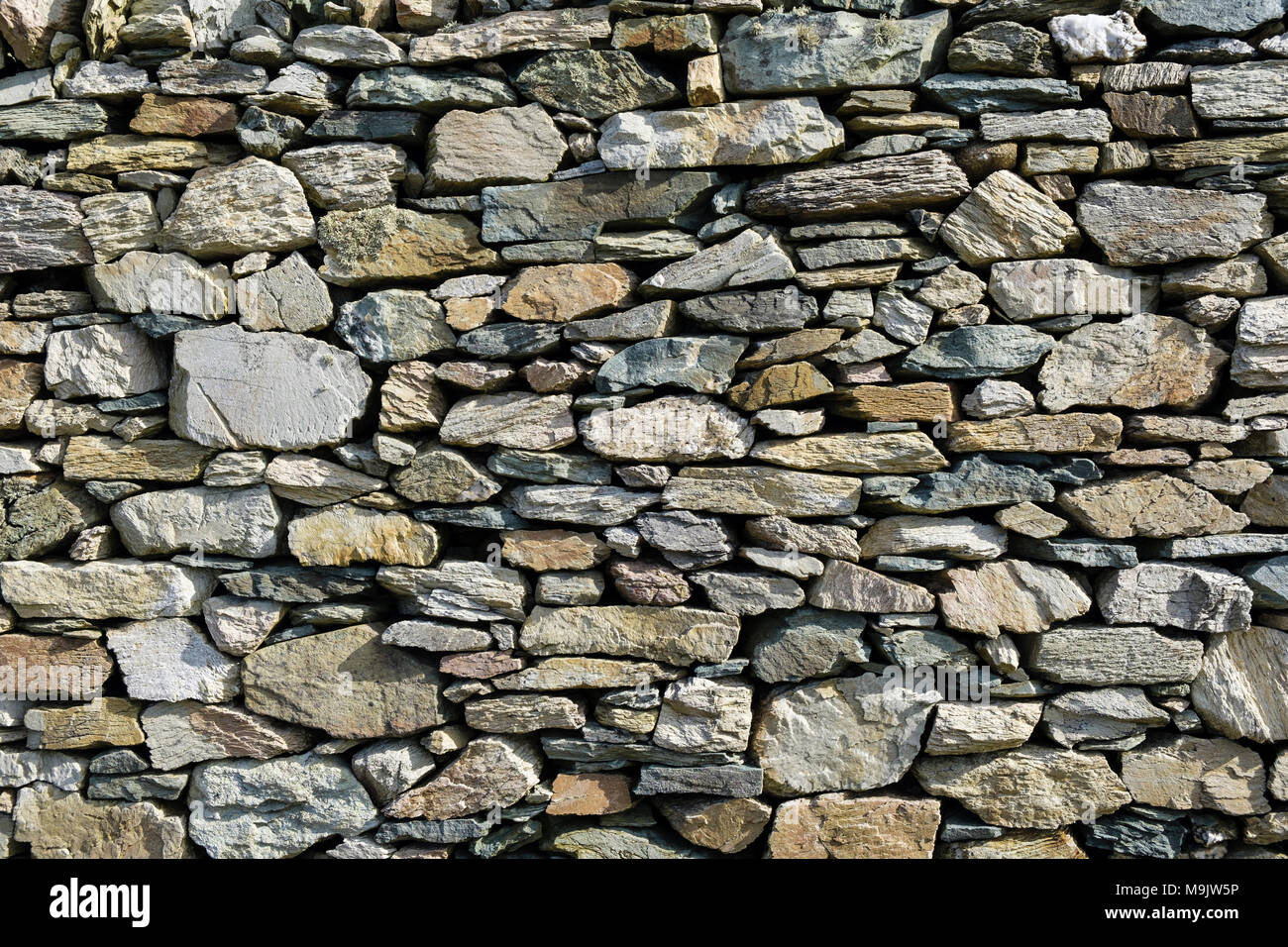 Piedras de diferentes formas, tamaños y colores, en un muro de piedra seca de rocas locales en Geopark. Rhoscolyn, Isla de Anglesey, Gales, Reino Unido, Gran Bretaña Foto de stock