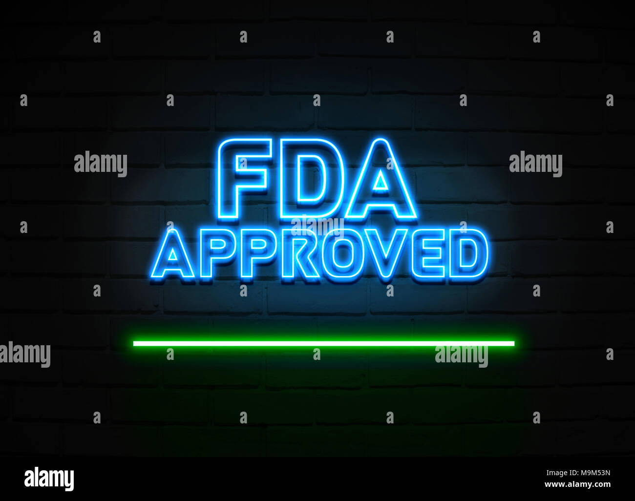 Aprobado por la FDA de neón signo - cartel de neón brillante sobre pared brickwall - 3D prestados royalty free ilustración. Foto de stock