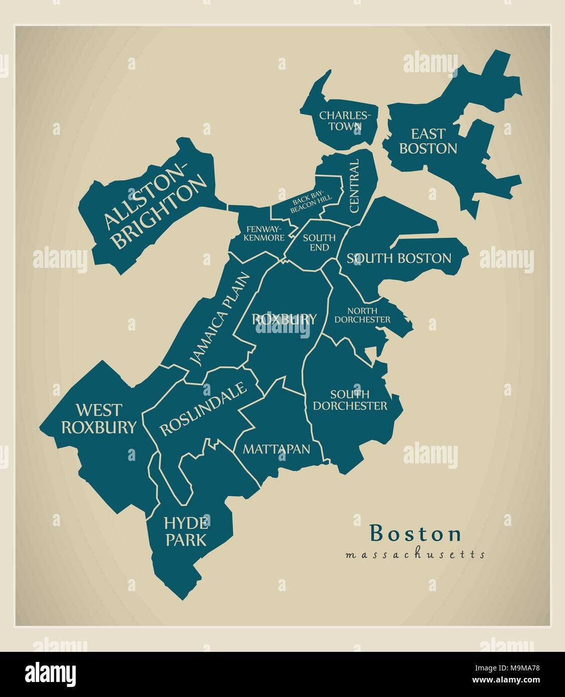 Ciudad moderna Mapa de la ciudad de Boston, Massachusetts, Estados Unidos con municipios y