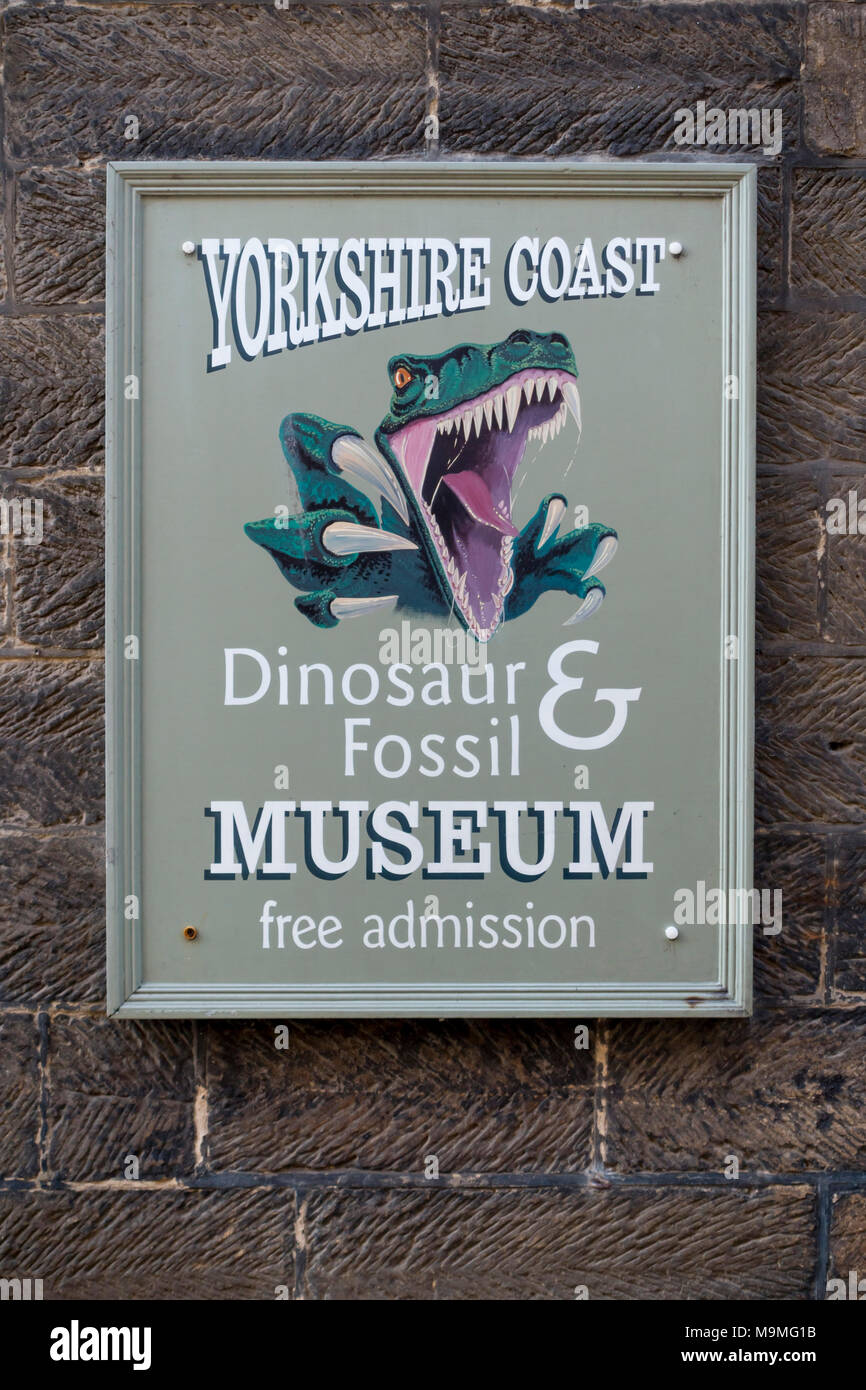 Un cartel en la pared para una costa de Yorkshire y fósiles de dinosaurios museo en Robin Hoods Bay North Yorkshire, Inglaterra Foto de stock