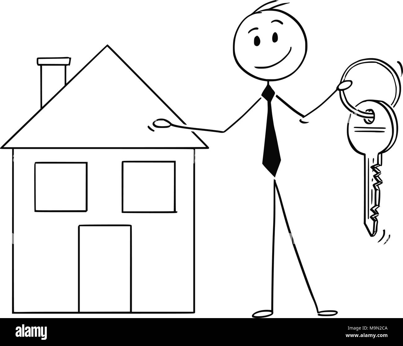 Caricatura del empresario o agente inmobiliario ofrece una clave y la propiedad de la casa Ilustración del Vector