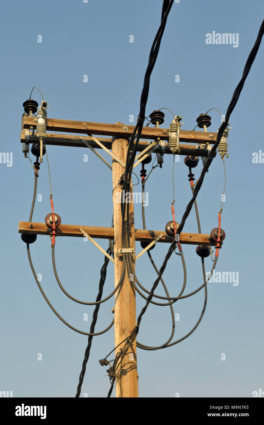 Palo de madera con líneas de transporte de energía eléctrica Fotografía de  stock - Alamy