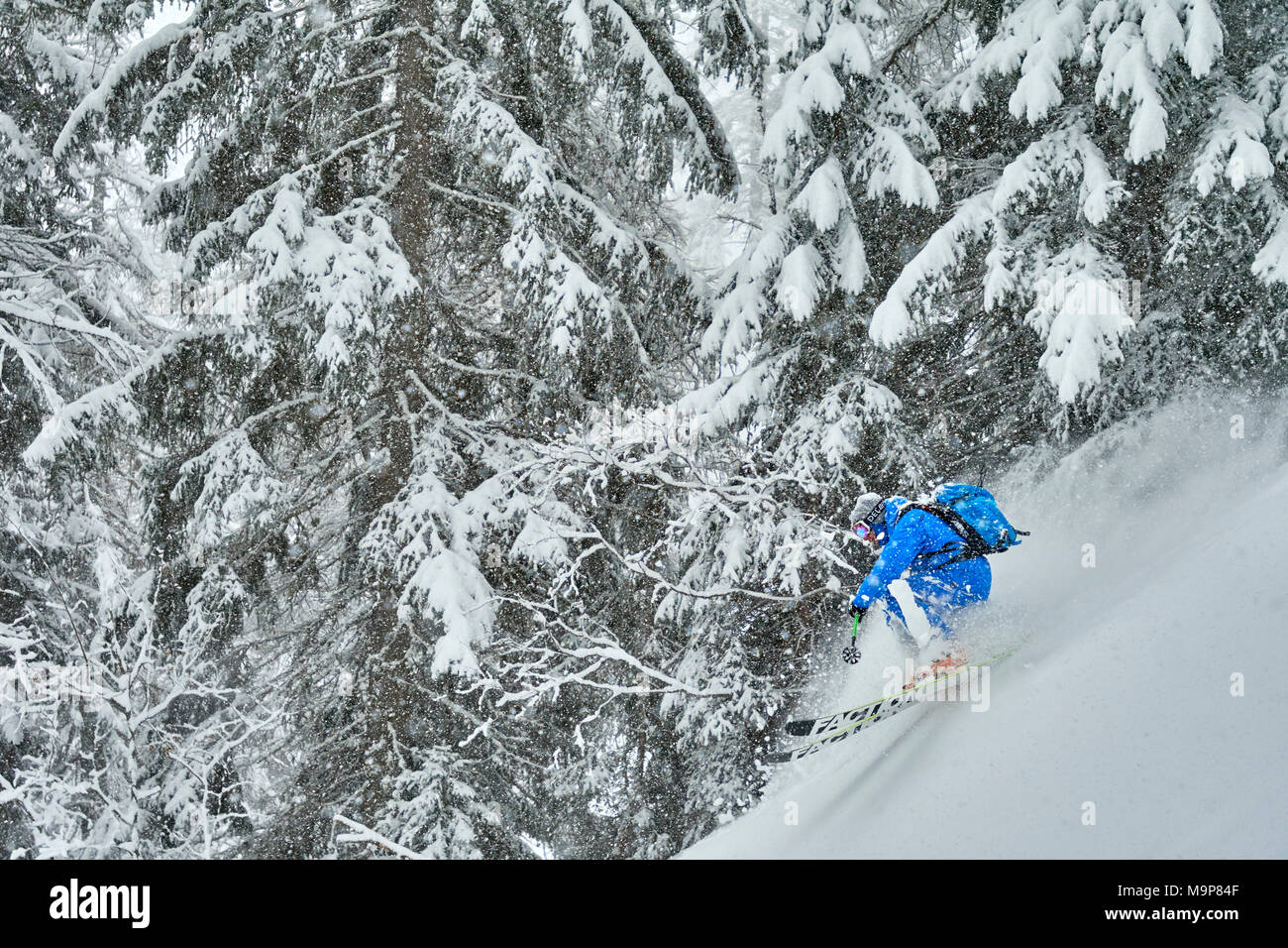 Esquiador esquí empinada cuesta abajo, Pavillon, Courmayeur, Aosta, Italia Foto de stock