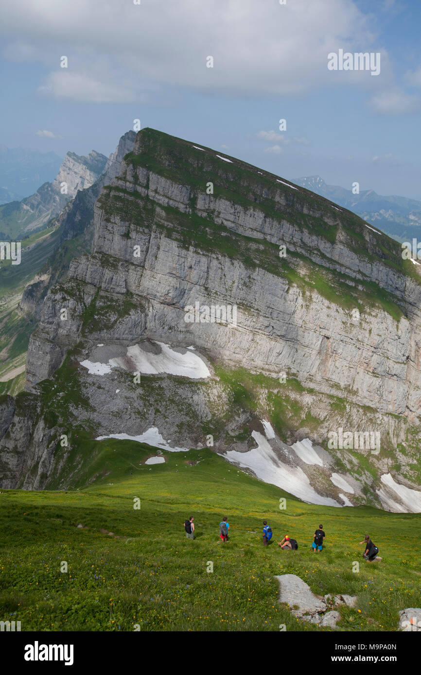 Un grupo de amigos, senderismo en los Alpes durante el tiempo soleado, Toggenburg, Suiza Foto de stock