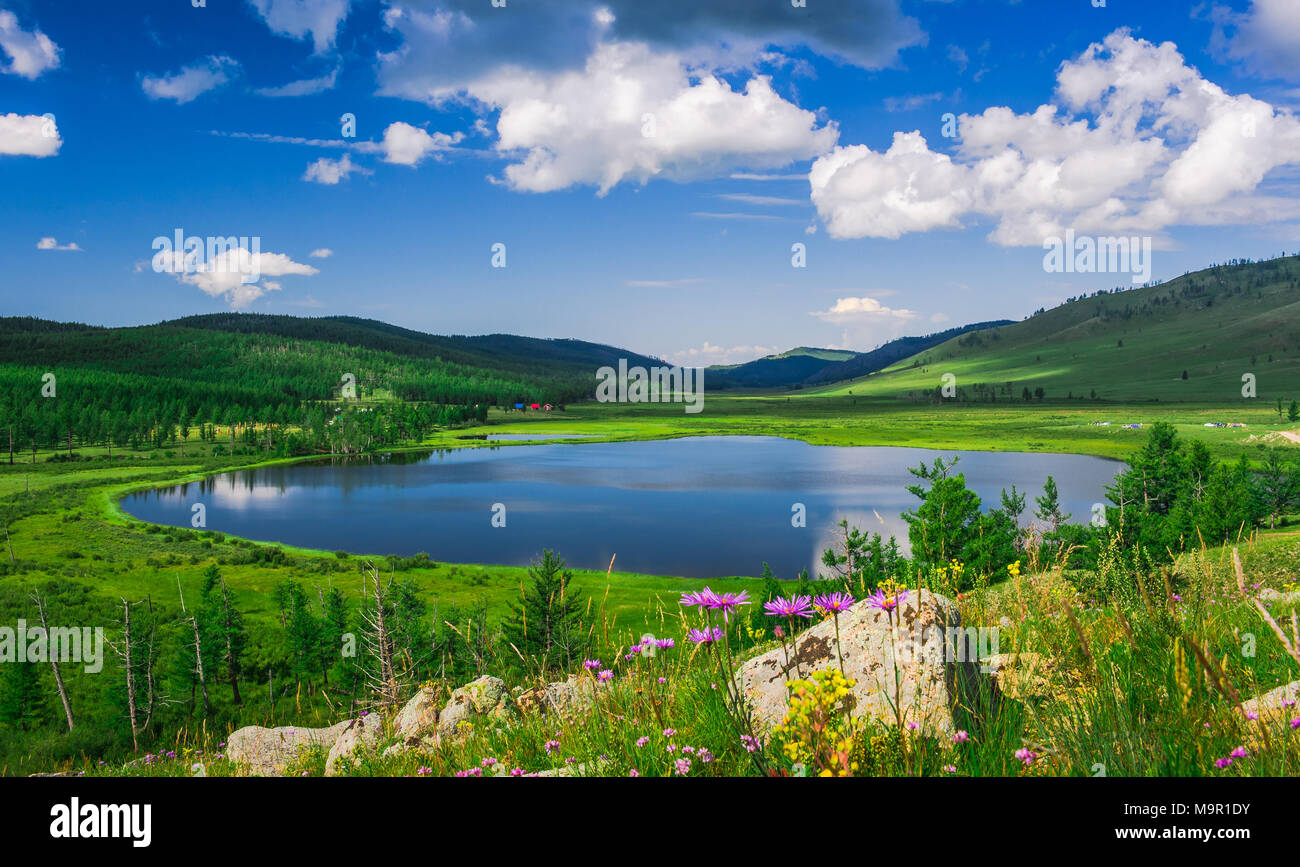 Khukh Nuur, el lago Azul, el verde de la vegetación, Mongolia Foto de stock