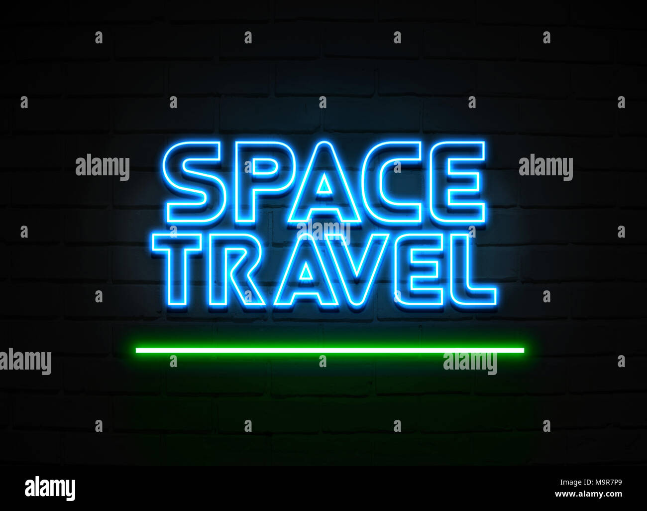 Los viajes espaciales signo de neón - cartel de neón brillante sobre pared brickwall - 3D prestados royalty free ilustración. Foto de stock