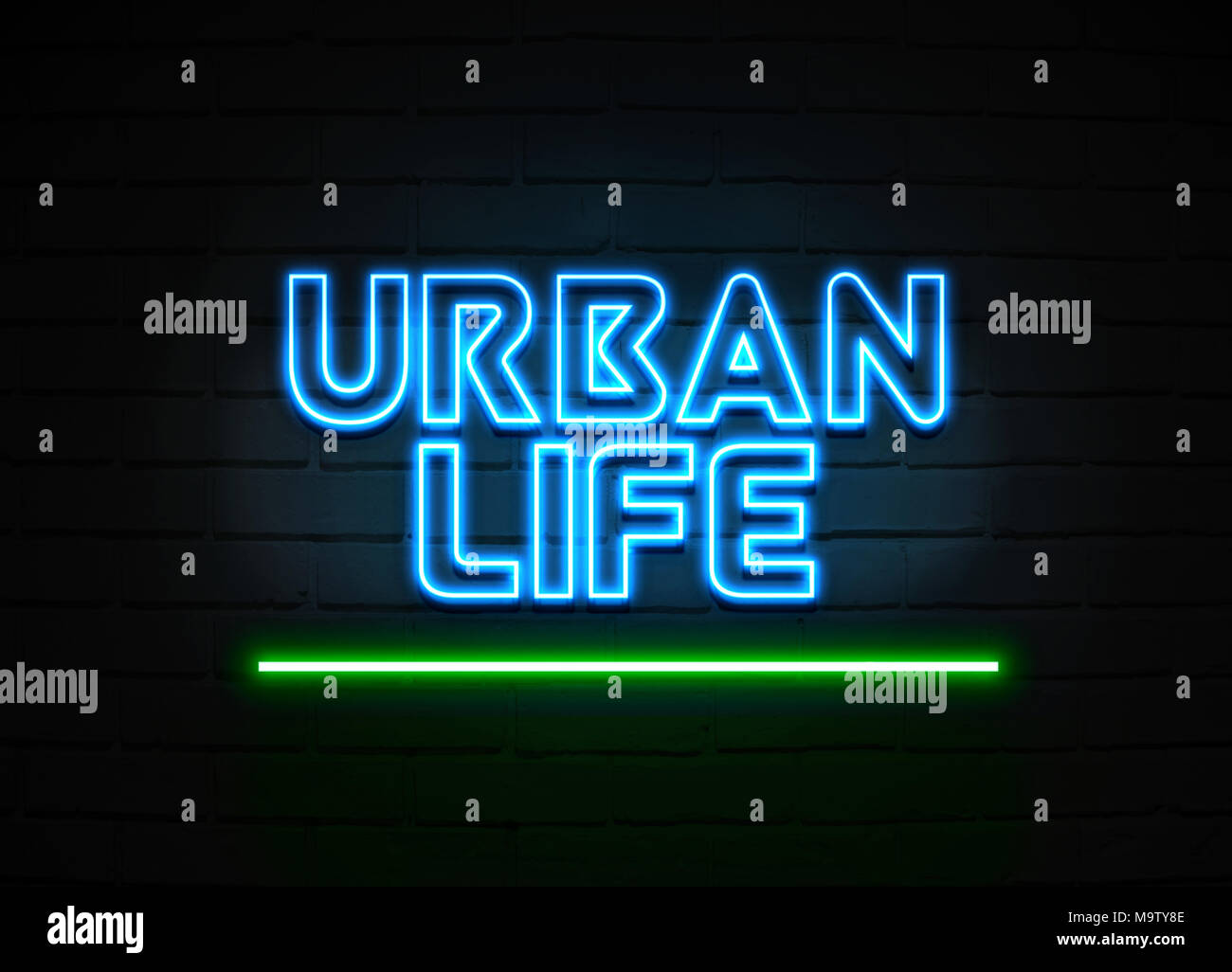 La vida urbana de neón signo - cartel de neón brillante sobre pared brickwall - 3D prestados royalty free ilustración. Foto de stock
