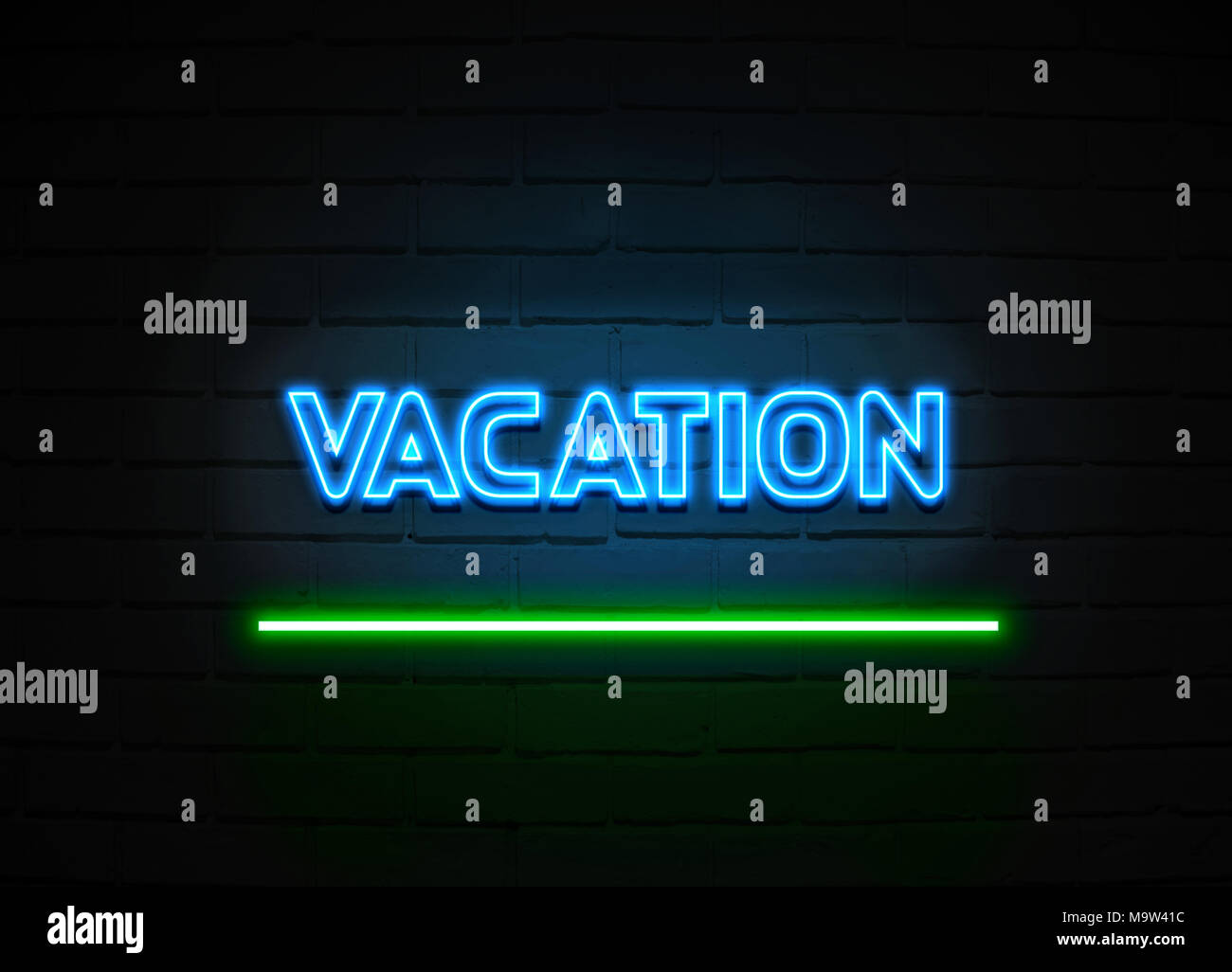 Cartel de neón de vacaciones - cartel de neón brillante sobre pared brickwall - 3D prestados royalty free ilustración. Foto de stock