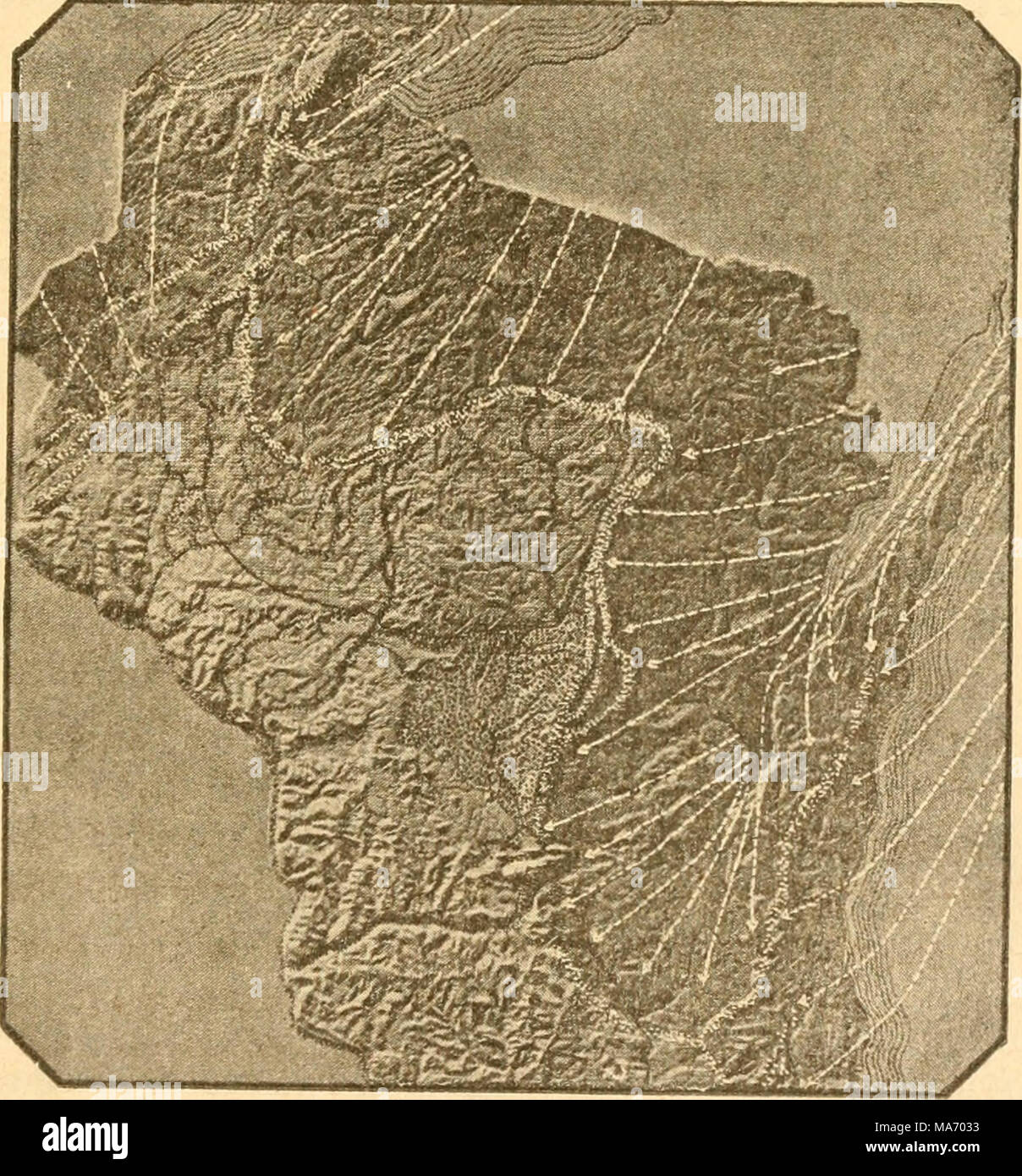 Lecciones elementales en la física de la agricultura . Fig. 38.  Foto-grabado de un mapa en relieve de Wisconsin, mostrando los glaciares y  no glaciares zonas del estado. muestra que, en