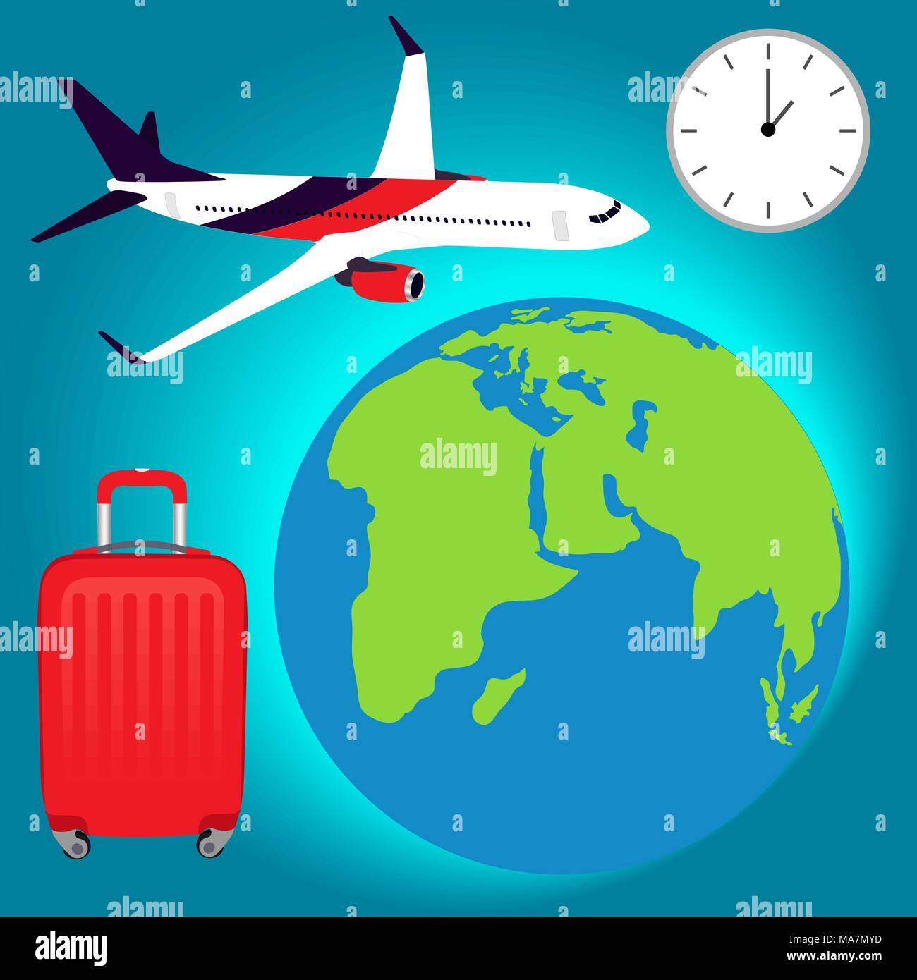 Concepto de viajar alrededor del mundo. El avión está volando alrededor del  mundo, la maleta roja, el reloj. Los viajes y el turismo. Concepto moderno  diseño plano Imagen Vector de stock -