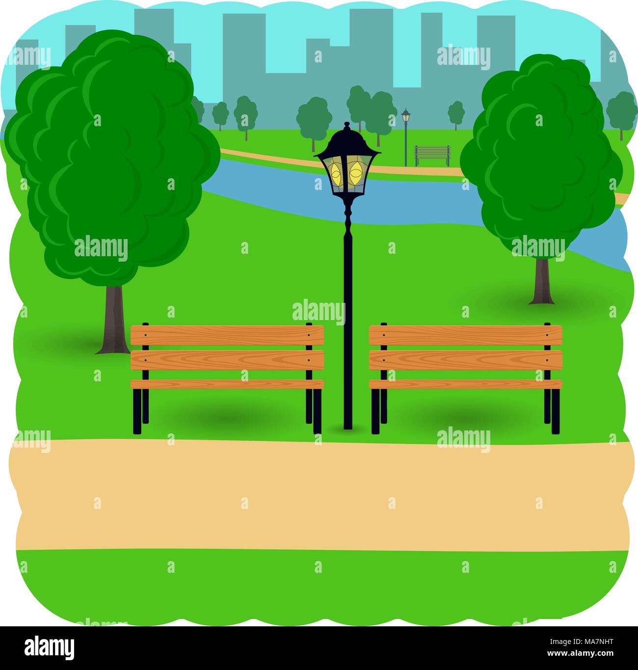 Los Bancos Con Un Arbol Y Una Linterna En El Parque De La Ciudad Ilustracion Vectorial De Dibujos Animados En Estilo Plano Imagen Vector De Stock Alamy