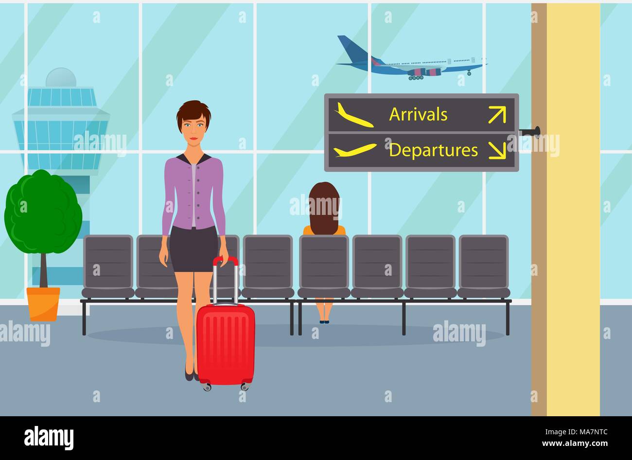 Sala de espera en el aeropuerto, el asiento del pasajero, una mujer con una  maleta, señales de información. Avión despegar y torre de control fuera de  la ventana. Ve lindo Imagen Vector