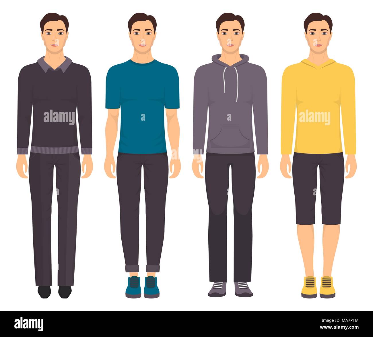 Joven parado en pleno crecimiento con ropa diferente. Hombre un elegante y casual, ropa deportiva. Armario básico. Ilustración vectorial, aislado Imagen Vector de stock - Alamy