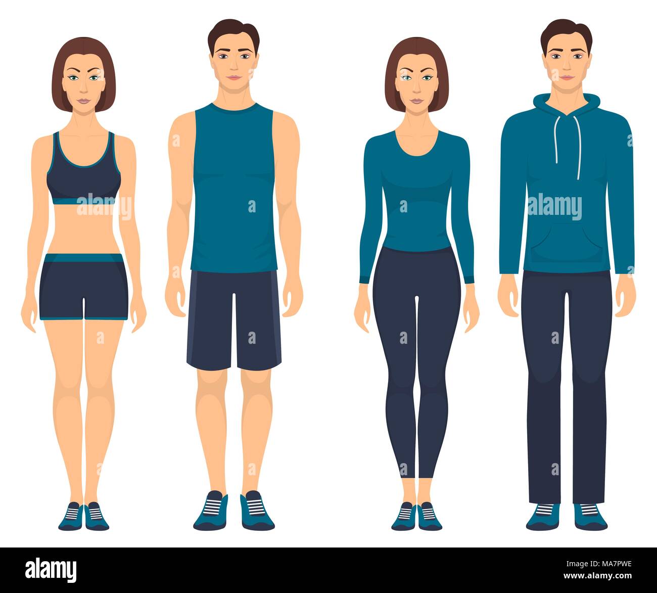 Las parejas en ropa deportiva. Hombres y mujeres jóvenes en pleno  crecimiento permanente en distintos deportes ropa para ejercicios en el  gimnasio, running, fitness. Vector illustra Imagen Vector de stock - Alamy