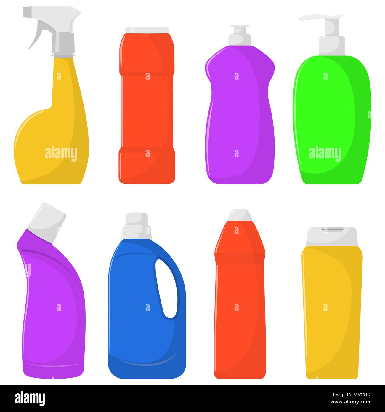Las botellas de detergente, jabón, detergente en polvo, botella de spray,  un medio para lavar los platos. Una simple ilustración en la plana de  estilo, isol Imagen Vector de stock - Alamy