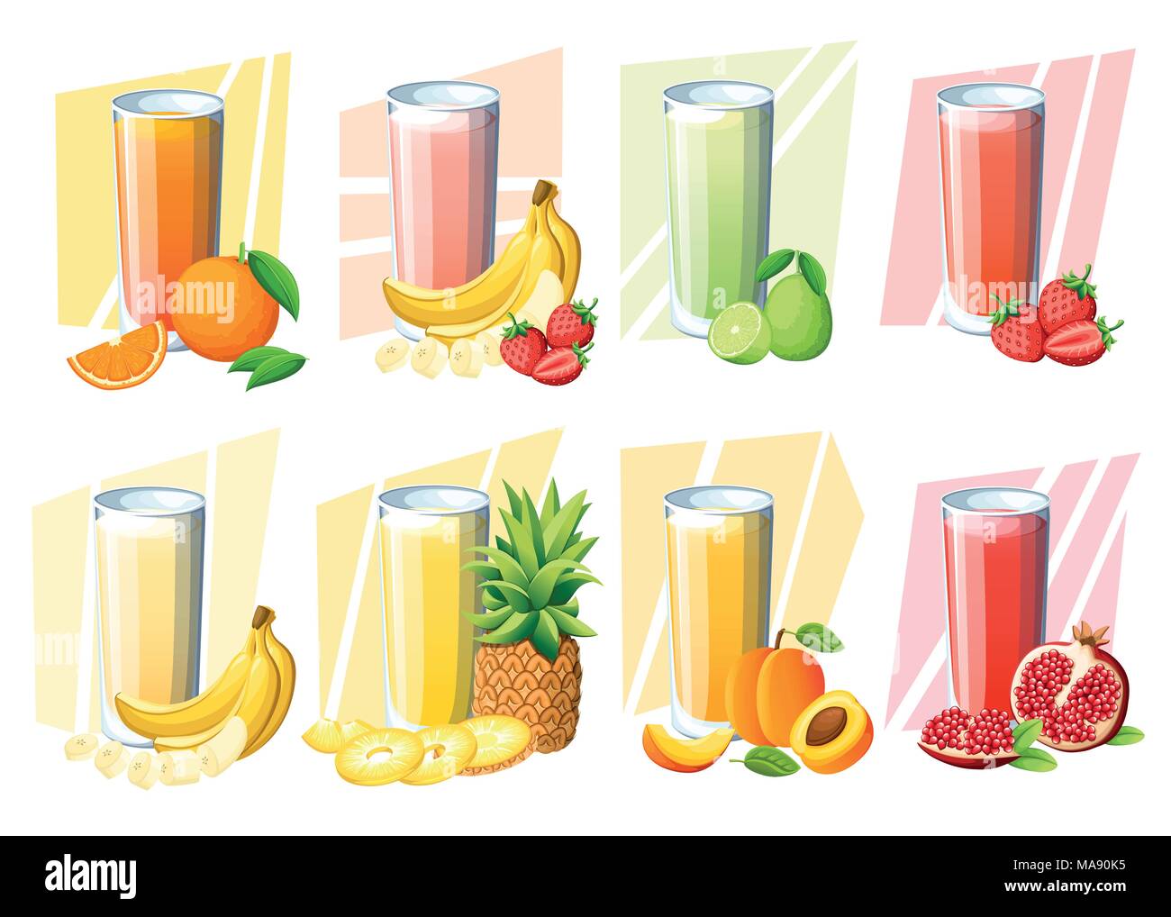 Conjunto de zumos y batidos. Fruta fresca bebida en vidrio. El melocotón,  fresa, plátano, limón, pomelo, naranja, piña. Ilustración vectorial aislado  Imagen Vector de stock - Alamy