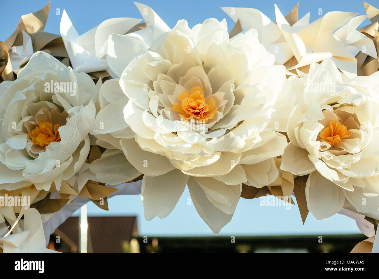Flores de papel en decoración de bodas, decoraciones para la ceremonia de  bodas de lujo. Arco de boda con flores Fotografía de stock - Alamy
