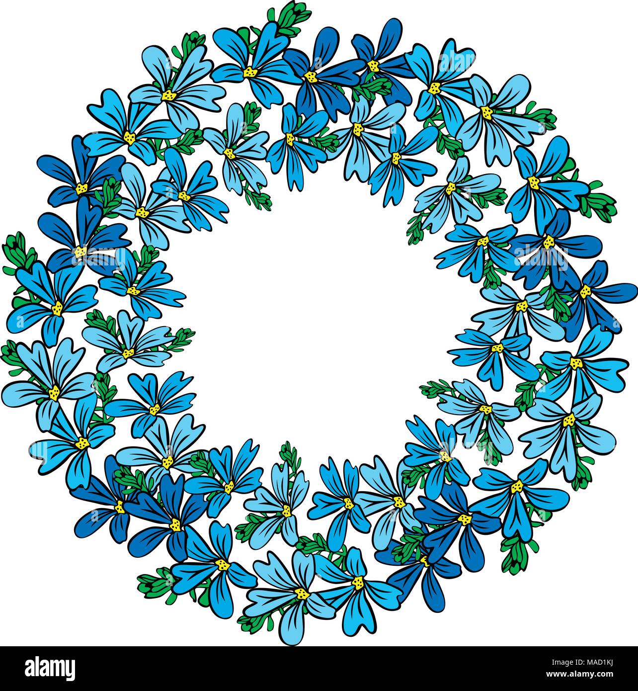 Vuelta guirnalda de flores azules y verdes ramas aislado sobre fondo  blanco, el espacio vacío en el centro Imagen Vector de stock - Alamy