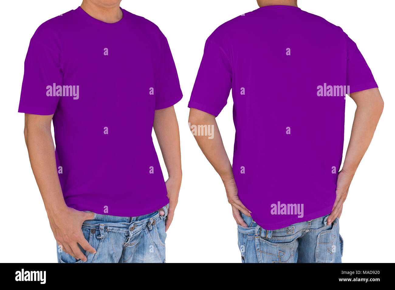 Hombre vestidos de blanco camiseta púrpura con trazado de recorte, vista frontal y posterior. Plantilla para insertar logo, patrón o ilustraciones. Foto de stock
