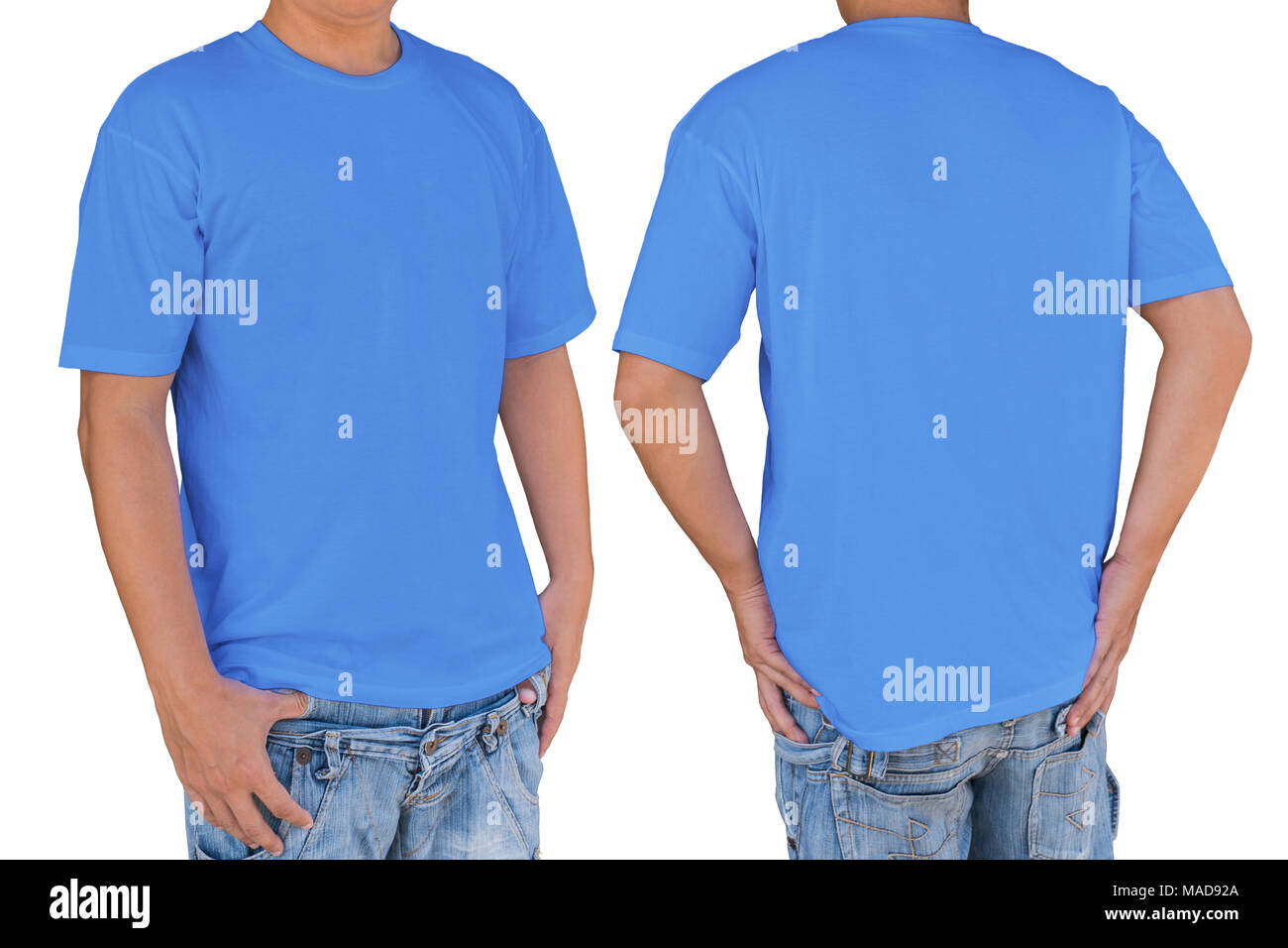 El hombre vestido de azul en blanco camiseta con trazado de recorte, vista frontal y posterior. Plantilla para insertar logo, patrón o ilustraciones. Foto de stock