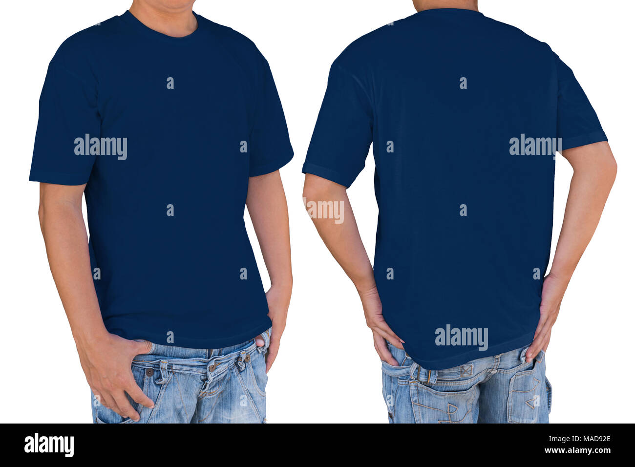 Hombre vestido con color azul oscuro t-shirt con trazado de recorte, vista frontal y posterior. Plantilla para insertar logo, patrón o ilustraciones. Foto de stock