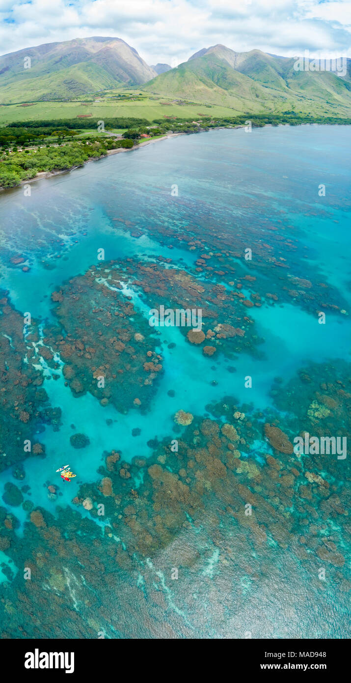 Una vista aérea de kayaks en los arrecifes de la Olowalu, West Maui, Hawaii, USA. Seis fotografías fueron combinados para esta imagen final. Foto de stock