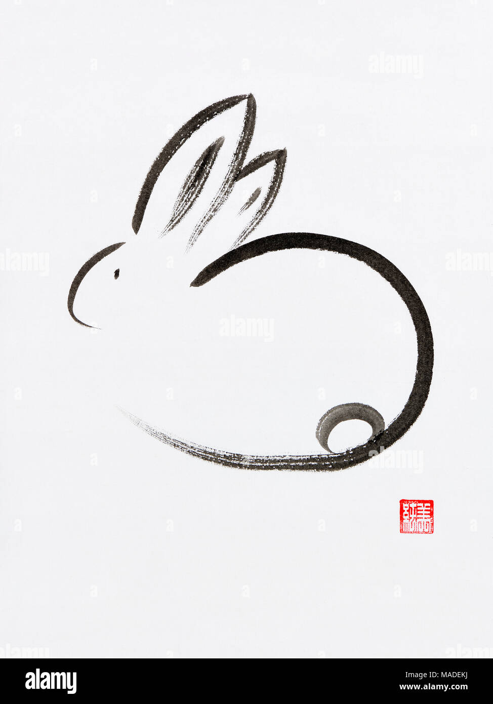 Lindo conejito minimalista artística ilustración de estilo oriental, el zen japonés Sumi-e pintura de tinta sobre papel de arroz blanco antecedentes Foto de stock