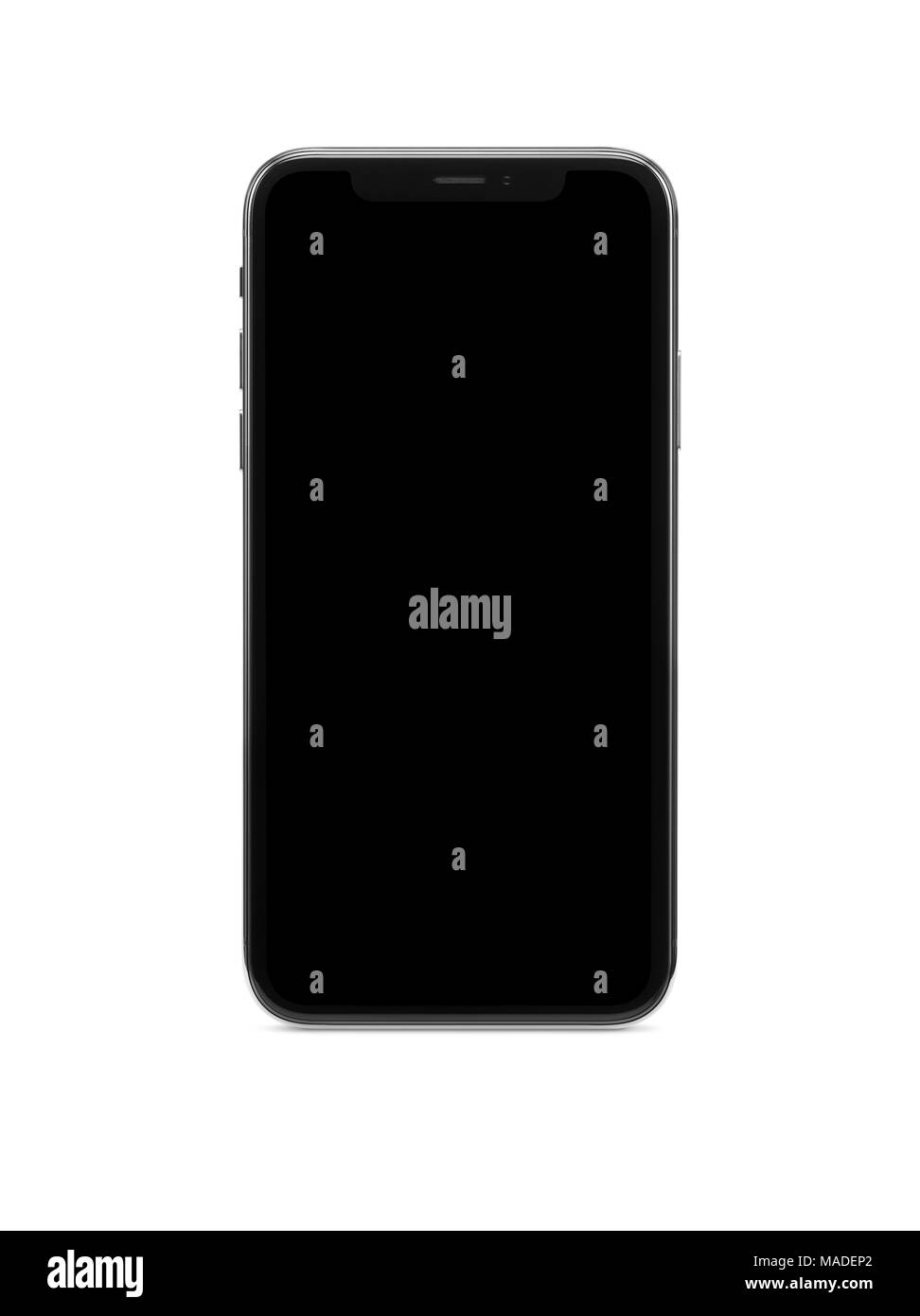 Apple iPhone x, gran pantalla de smartphone con pantalla en blanco y negro de fondo de la pantalla vacía. Aislado en blanco studio telón de fondo con un trazado de recorte. Foto de stock