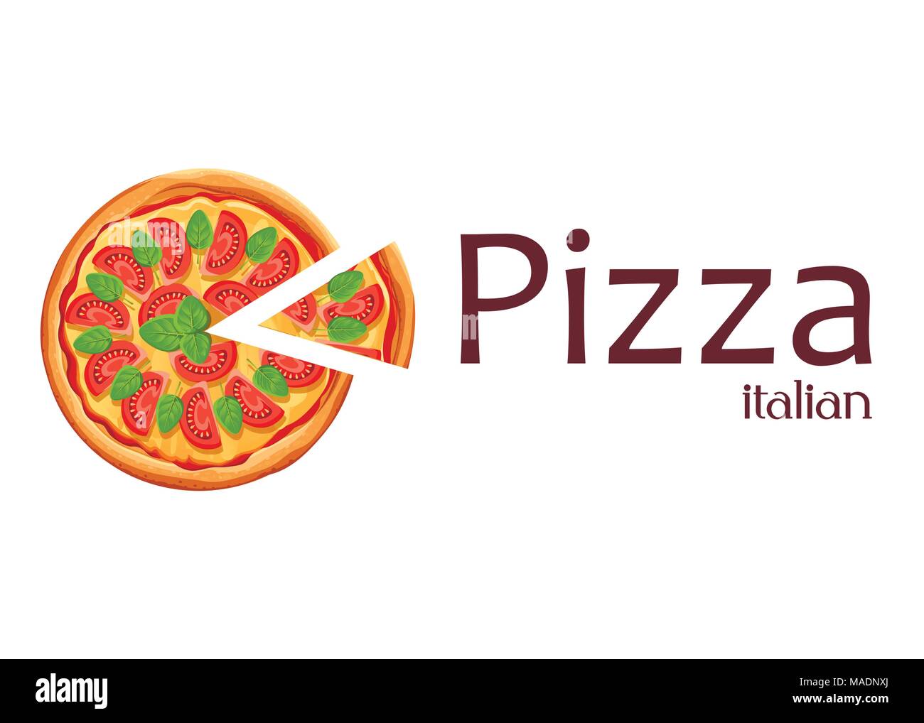 Pizza con slice. Margherita pizza con tomate, queso y orégano. Póster para diseño, restaurante, cafetería, pizzería. Ilustración vectorial aislada con Ilustración del Vector