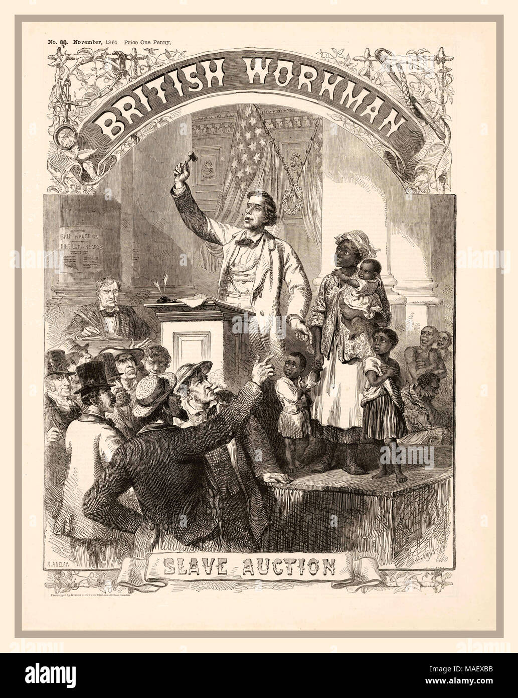 SUBASTA DE ESCLAVOS ESTADOUNIDENSES British Workman Magazine Ilustración publicada en Londres en 1861, muestra la subasta de esclavos estadounidenses. Grilletes y un látigo aparecen en las esquinas superiores de la primera página una joven esclava, Pinky, fue liberada por la congregación de Auctioneer Rev Beecher que cobró su precio de compra de $900. Para destacar los males de la esclavitud, el Rev Henry Ward Beecher (el predicador más popular de América a mediados de 1800) realizó subastas simuladas en las que su congregación donó dinero para comprar libertad para los verdaderos esclavos. Foto de stock